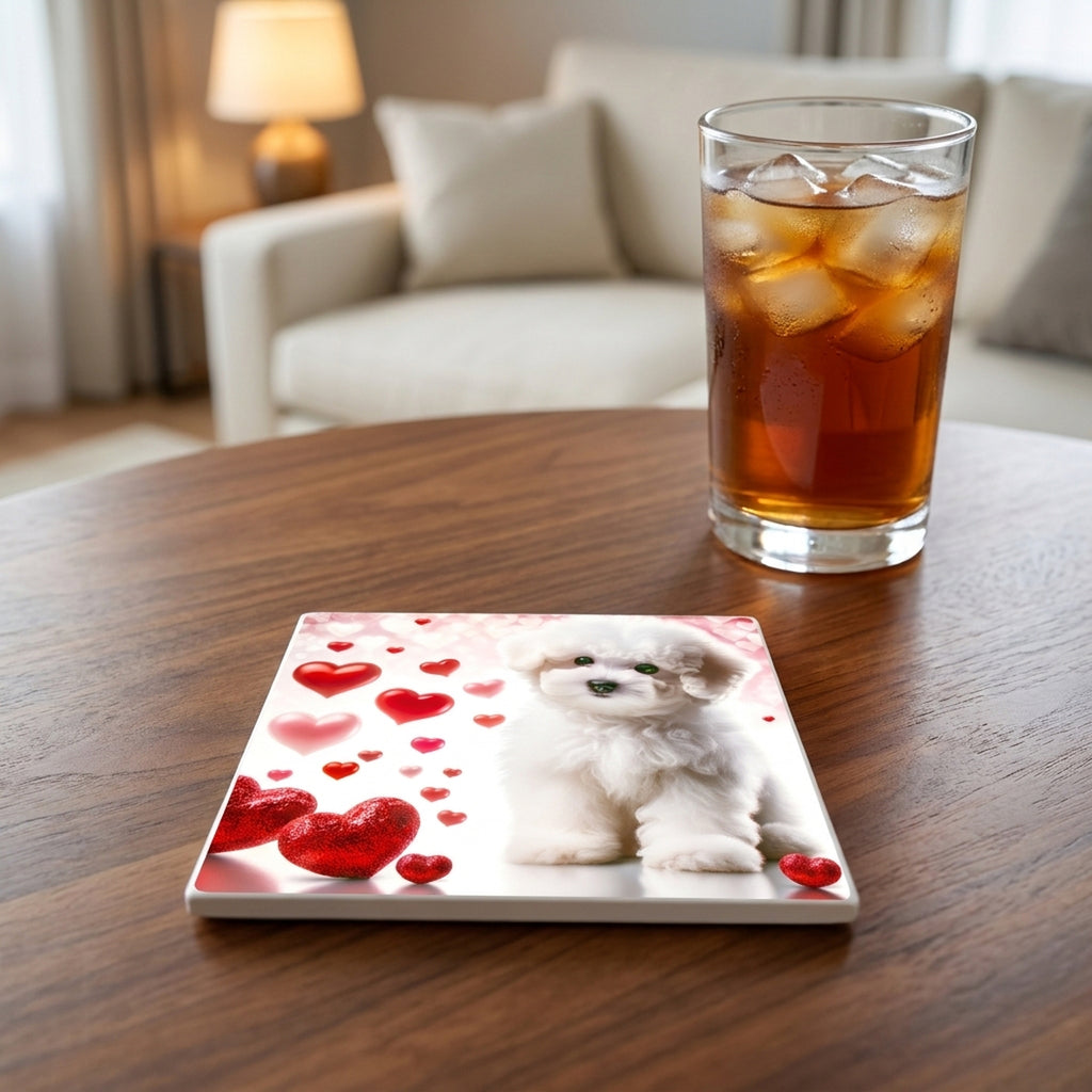 Bichon Frise ceramic coasters set of 4, lifestyle