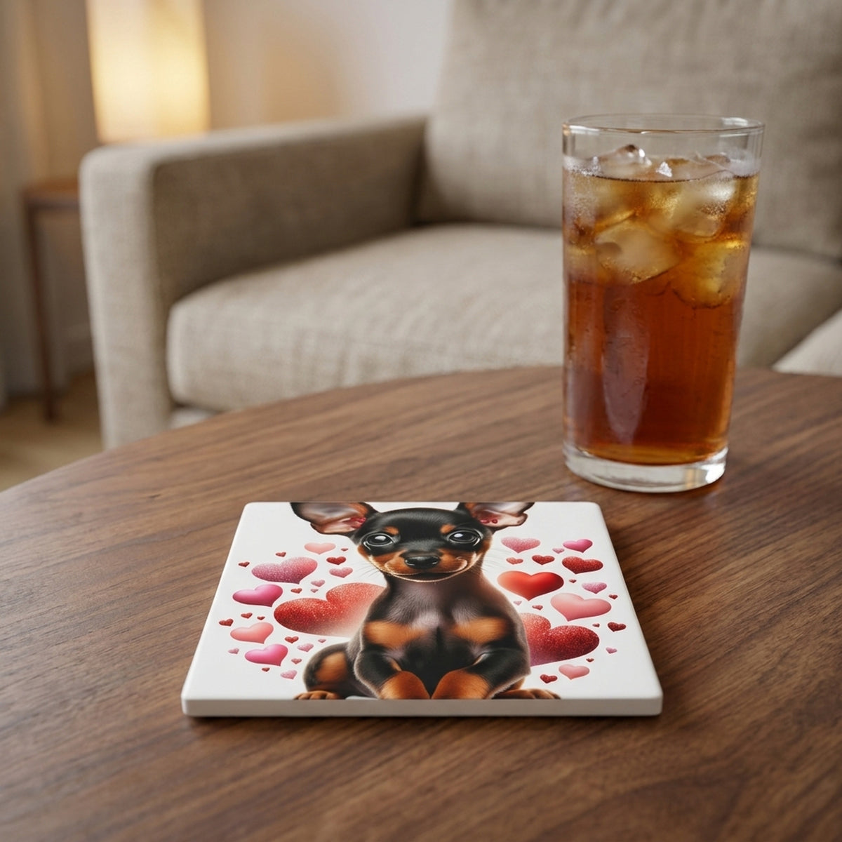 Miniature Pinscher ceramic coasters set of 4, lifestyle