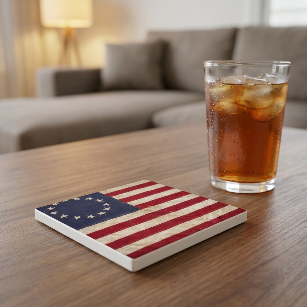 Betsy Ross 13-Star Flag ceramic coasters set of 4, lifestyle