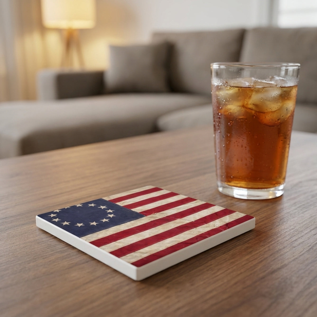 Betsy Ross 13-Star Flag ceramic coasters set of 4, lifestyle
