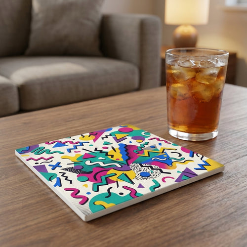 90s Memphis Shapes ceramic coasters set of 4, lifestyle