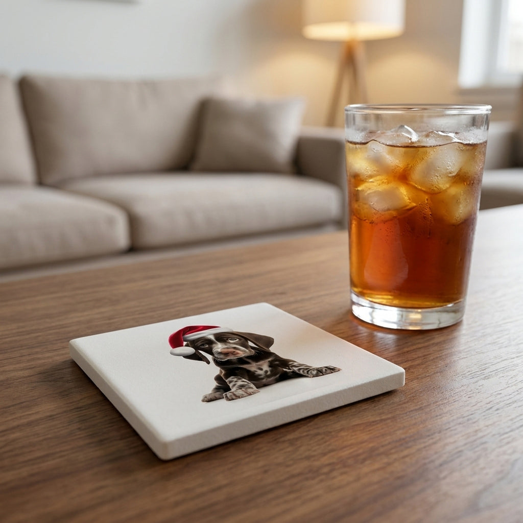 Pointer Puppy ceramic coasters set of 4, lifestyle