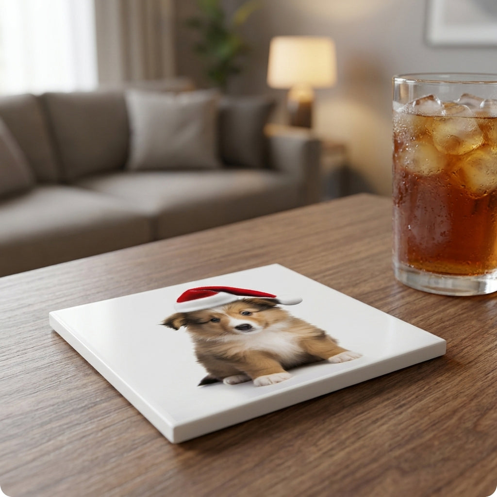 Shetland Sheepdog Puppy ceramic coasters set of 4, lifestyle