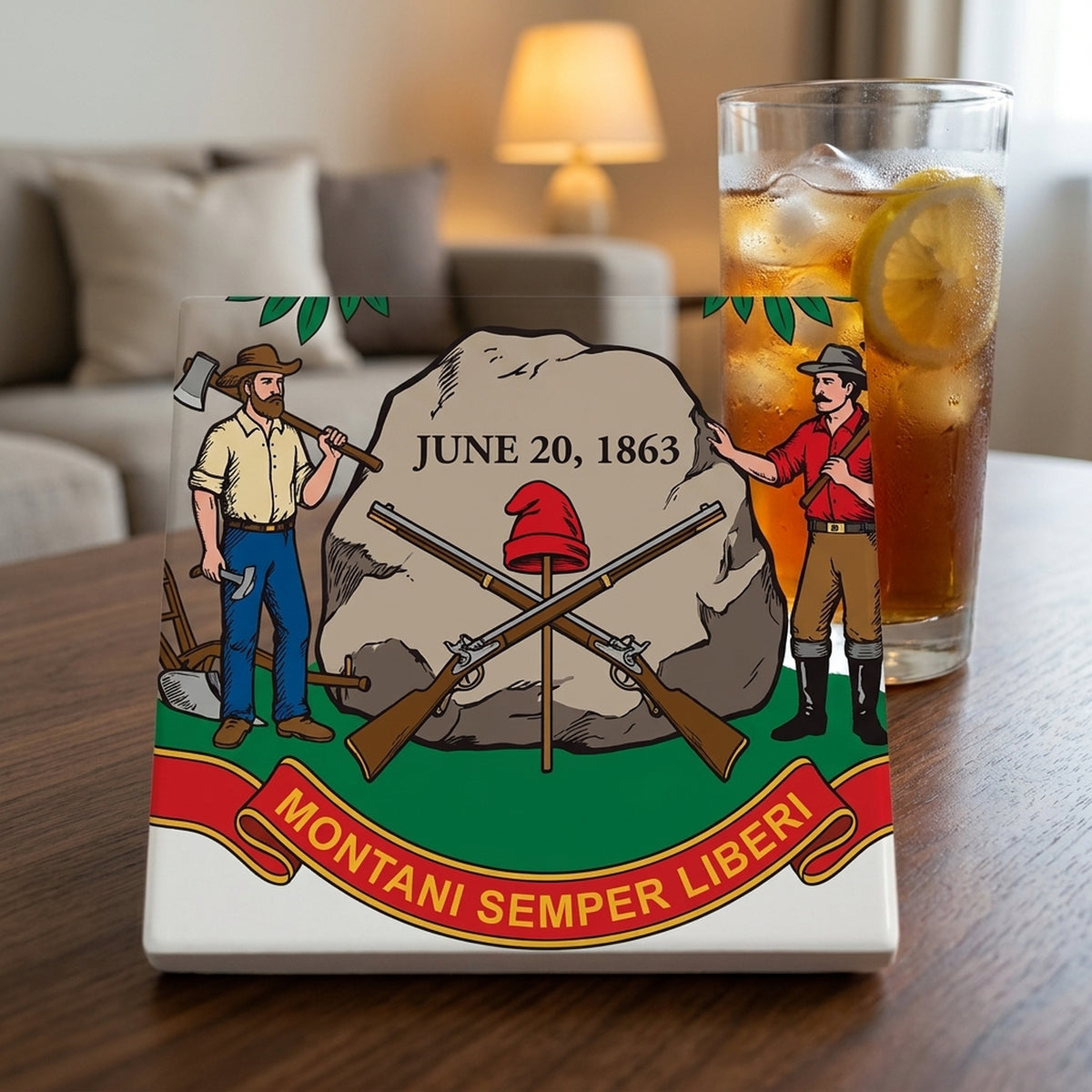 West Virginia State Flag ceramic coasters set of 4, lifestyle