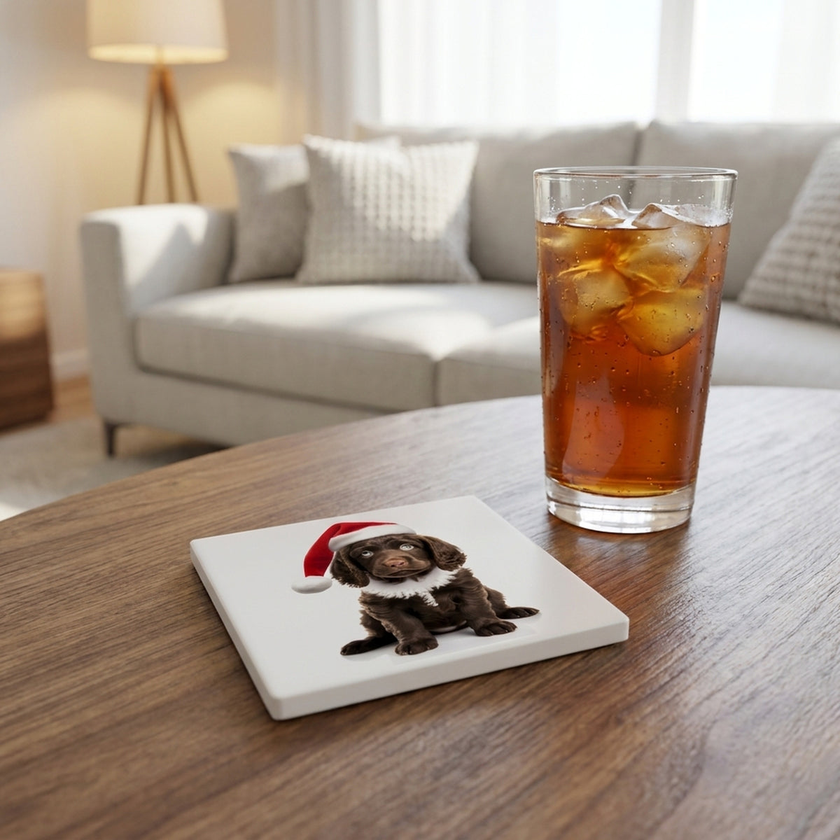 American Water Spaniel Puppy ceramic coasters set of 4, lifestyle