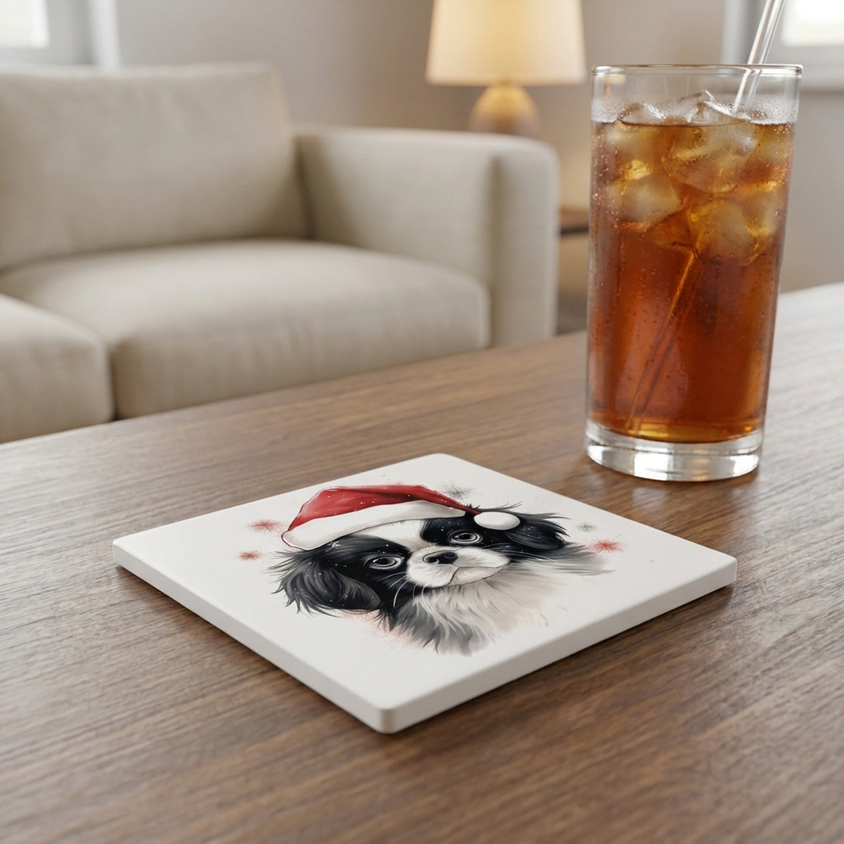 Japanese Chin Puppy Drawing ceramic coasters set of 4, lifestyle