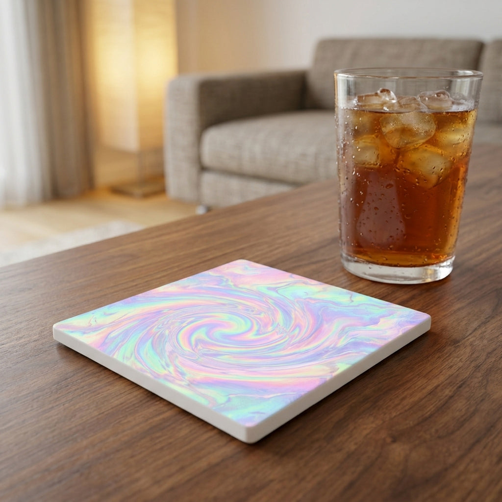 Holographic Iridescent ceramic coasters set of 4, lifestyle