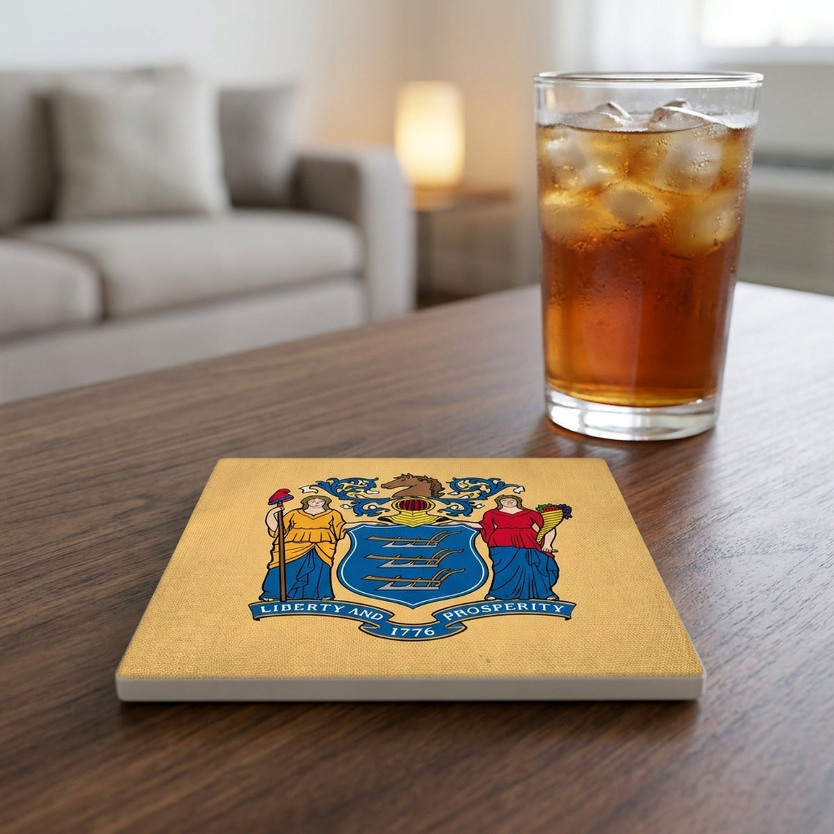 New Jersey State Flag ceramic coasters set of 4, lifestyle