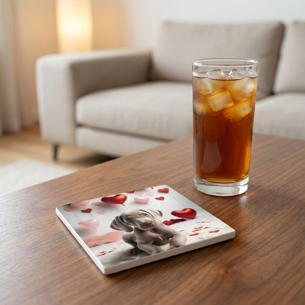 Weimaraner ceramic coasters set of 4, lifestyle