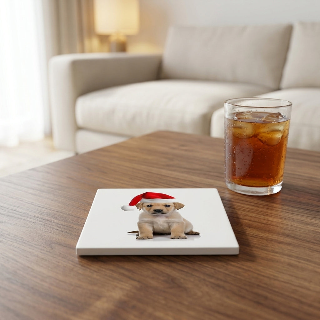 Chinook Puppy ceramic coasters set of 4, lifestyle
