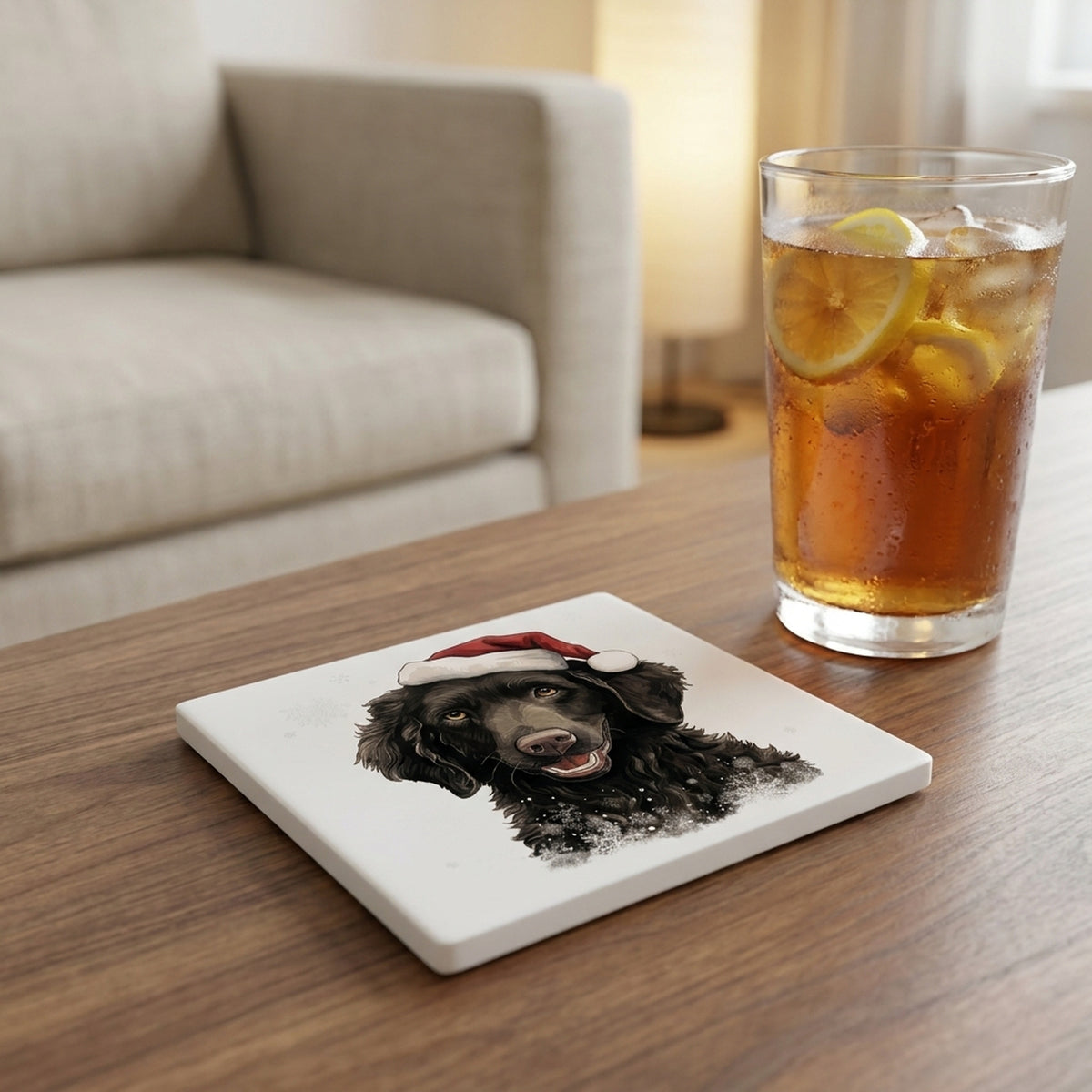 Curly-Coated Retriever Puppy Drawing ceramic coasters set of 4, lifestyle