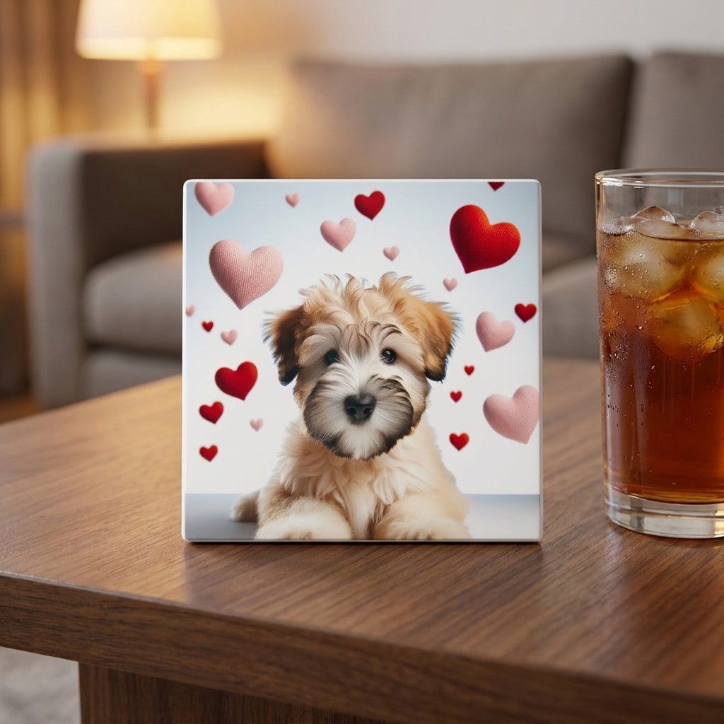 Soft Coated Wheaten Terrier ceramic coasters set of 4, lifestyle