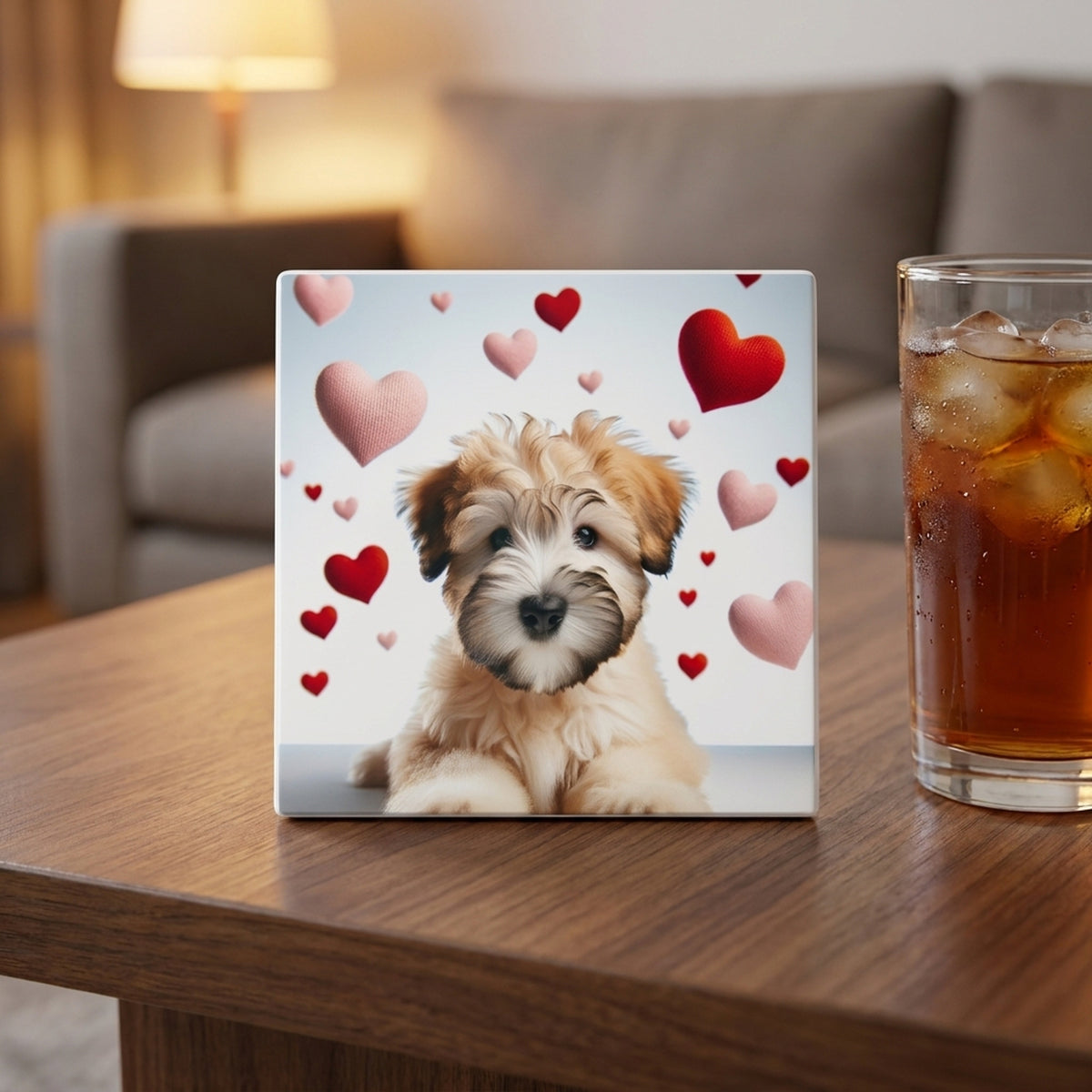 Soft Coated Wheaten Terrier ceramic coasters set of 4, lifestyle