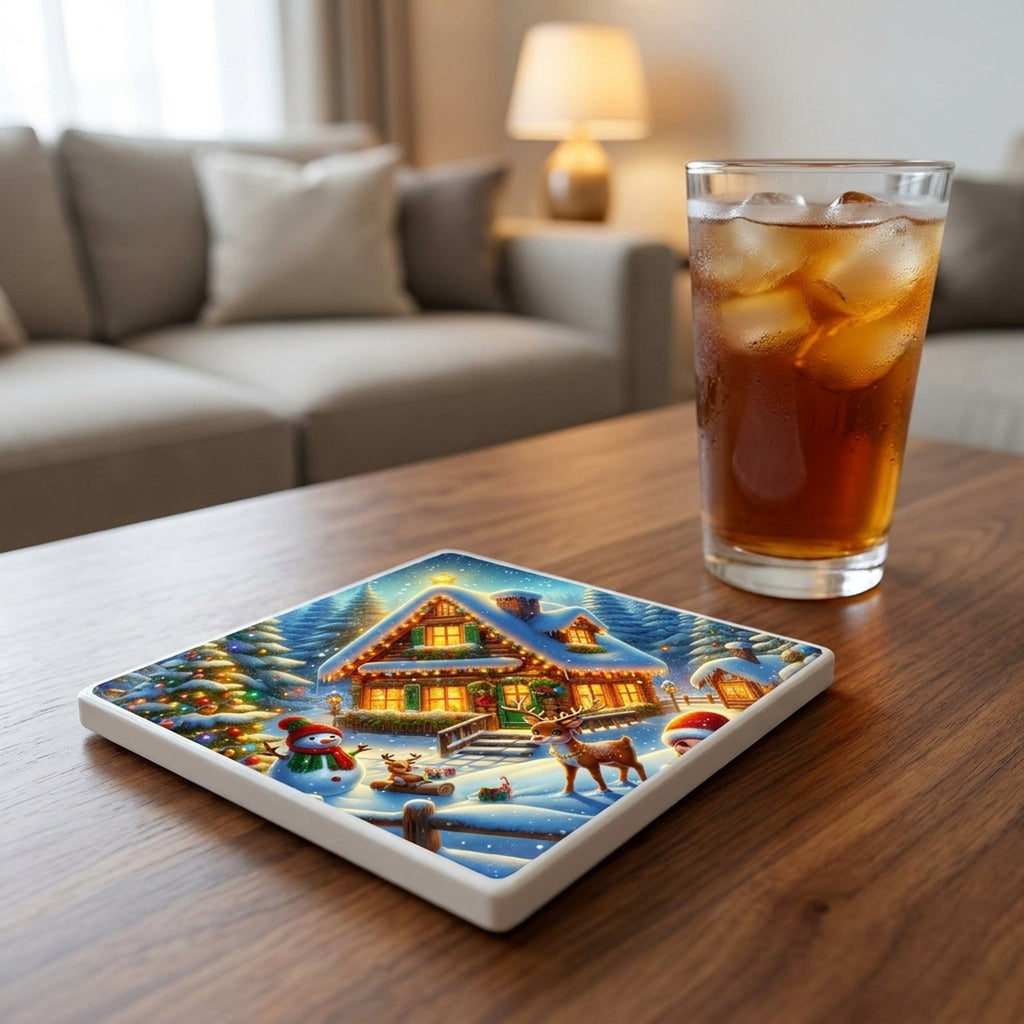 Snowy Christmas Cottage ceramic coasters set of 4, lifestyle