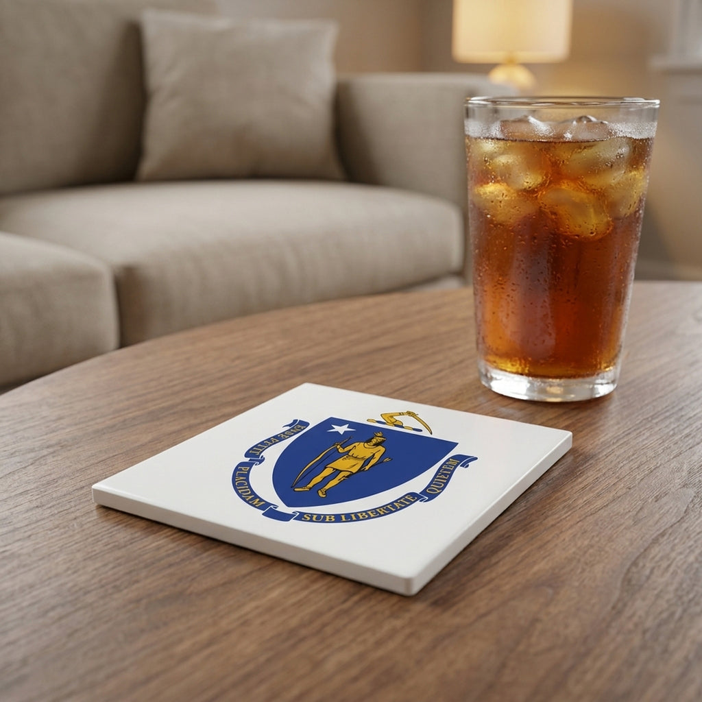 Massachusetts State Flag ceramic coasters set of 4, lifestyle