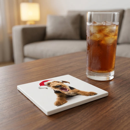 Airedale Terrier ceramic coasters set of 4, lifestyle