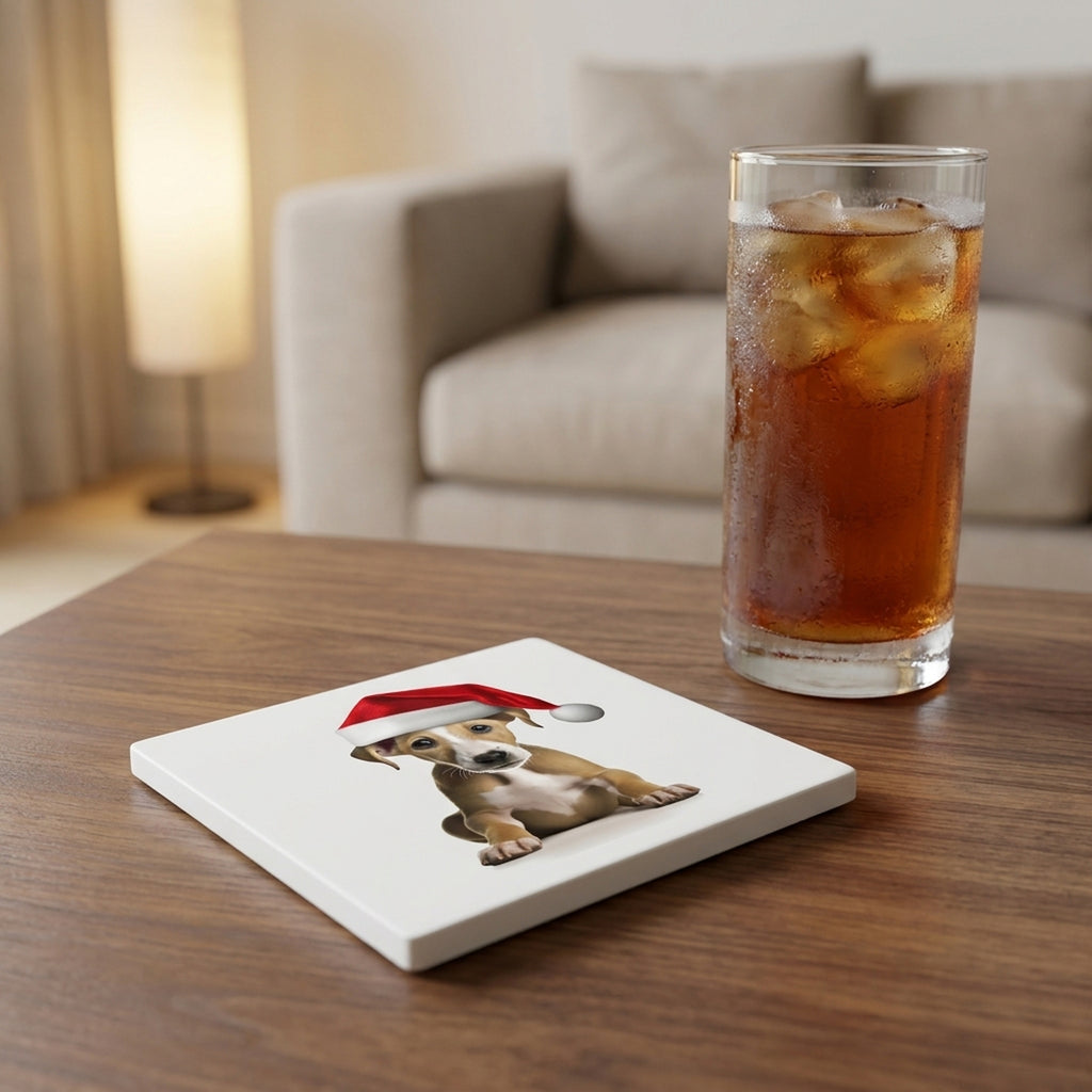 Whippet Puppy ceramic coasters set of 4, lifestyle