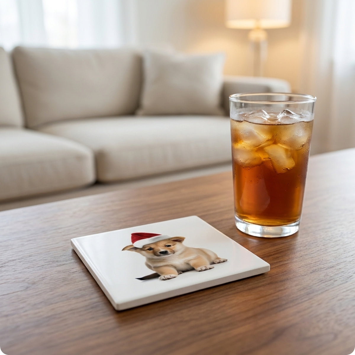 Norwegian Lundehund Puppy ceramic coasters set of 4, lifestyle
