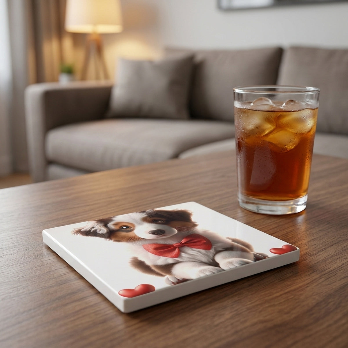Australian Shepherd ceramic coasters set of 4, lifestyle