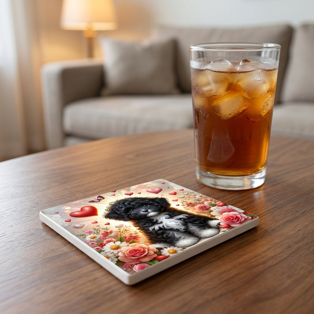 Portuguese Water Dog ceramic coasters set of 4, lifestyle