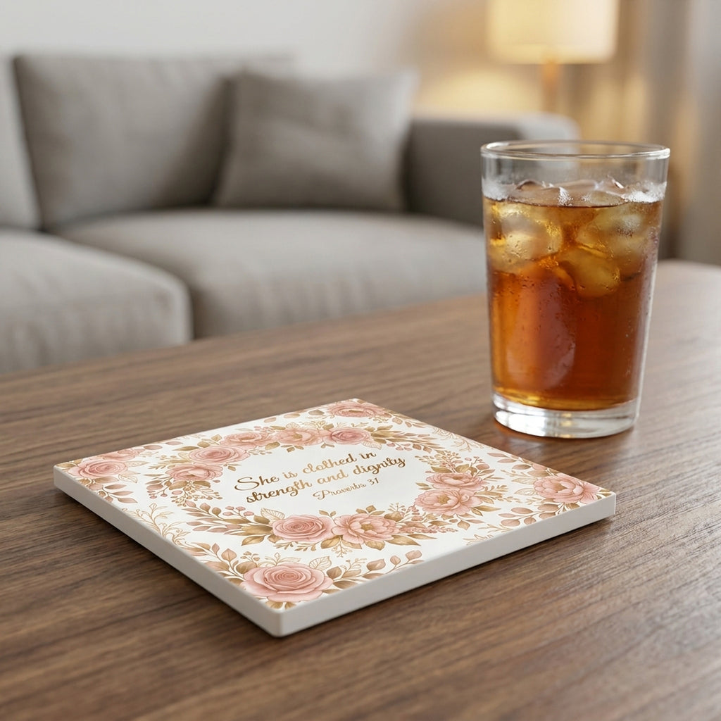 She Is Clothed In Strength ceramic coasters set of 4, lifestyle