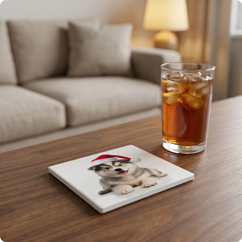Alaskan Malamute Puppy ceramic coasters set of 4, lifestyle