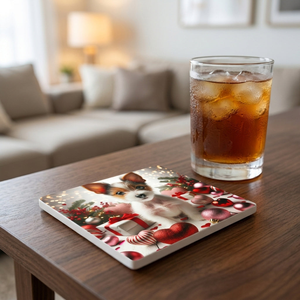 Russell Terrier ceramic coasters set of 4, lifestyle