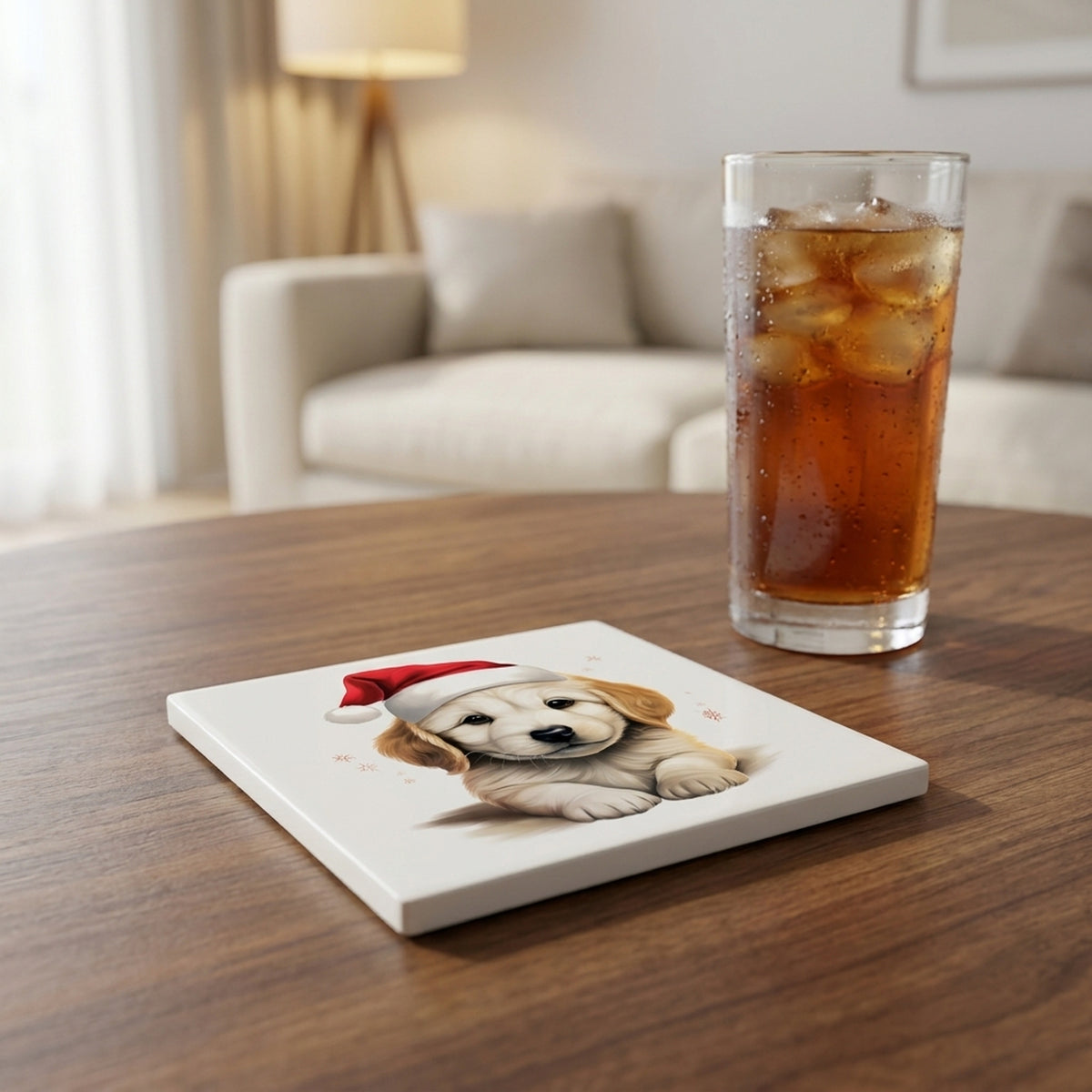 Great Pyrenees Puppy Drawing ceramic coasters set of 4, lifestyle