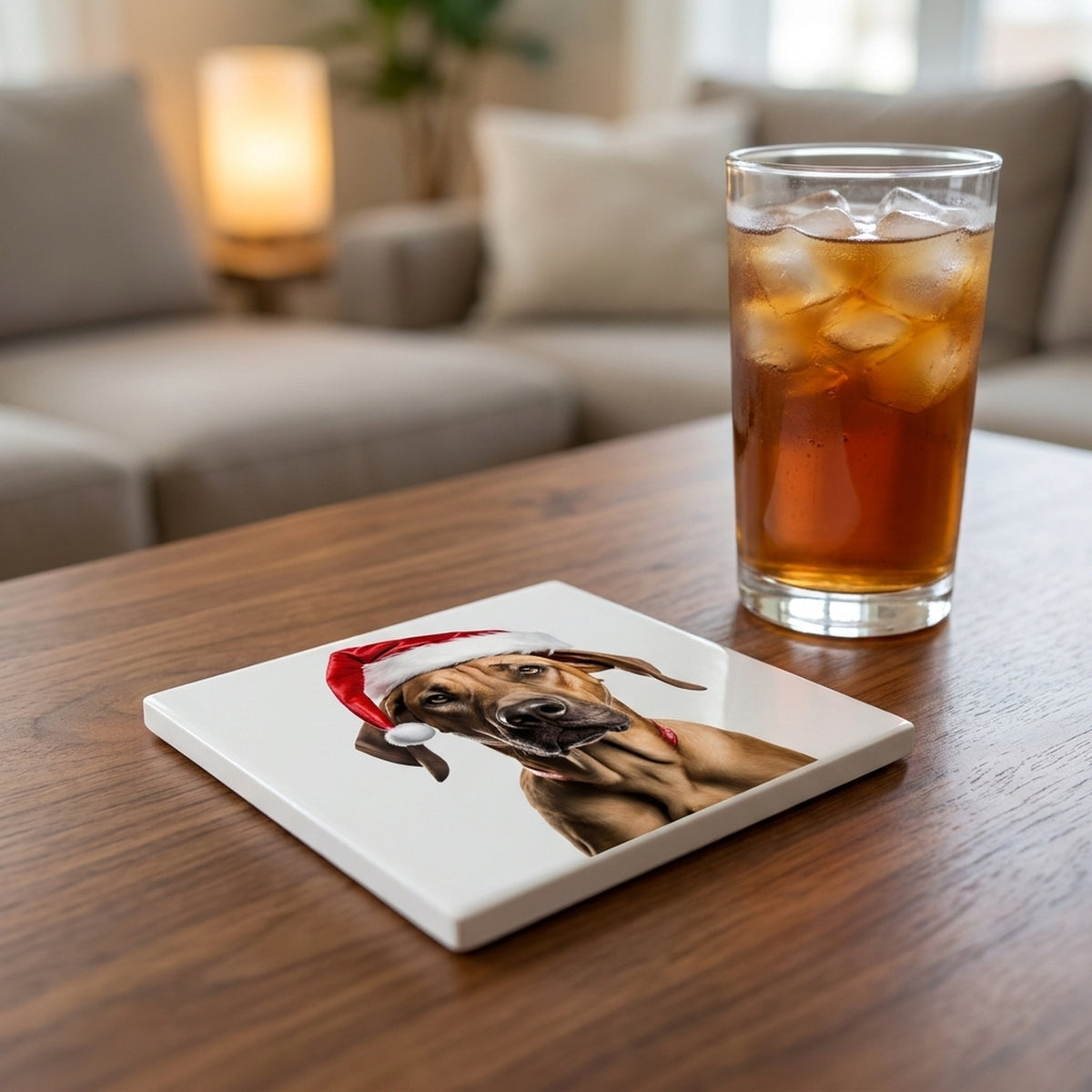 Rhodesian Ridgeback ceramic coasters set of 4, lifestyle