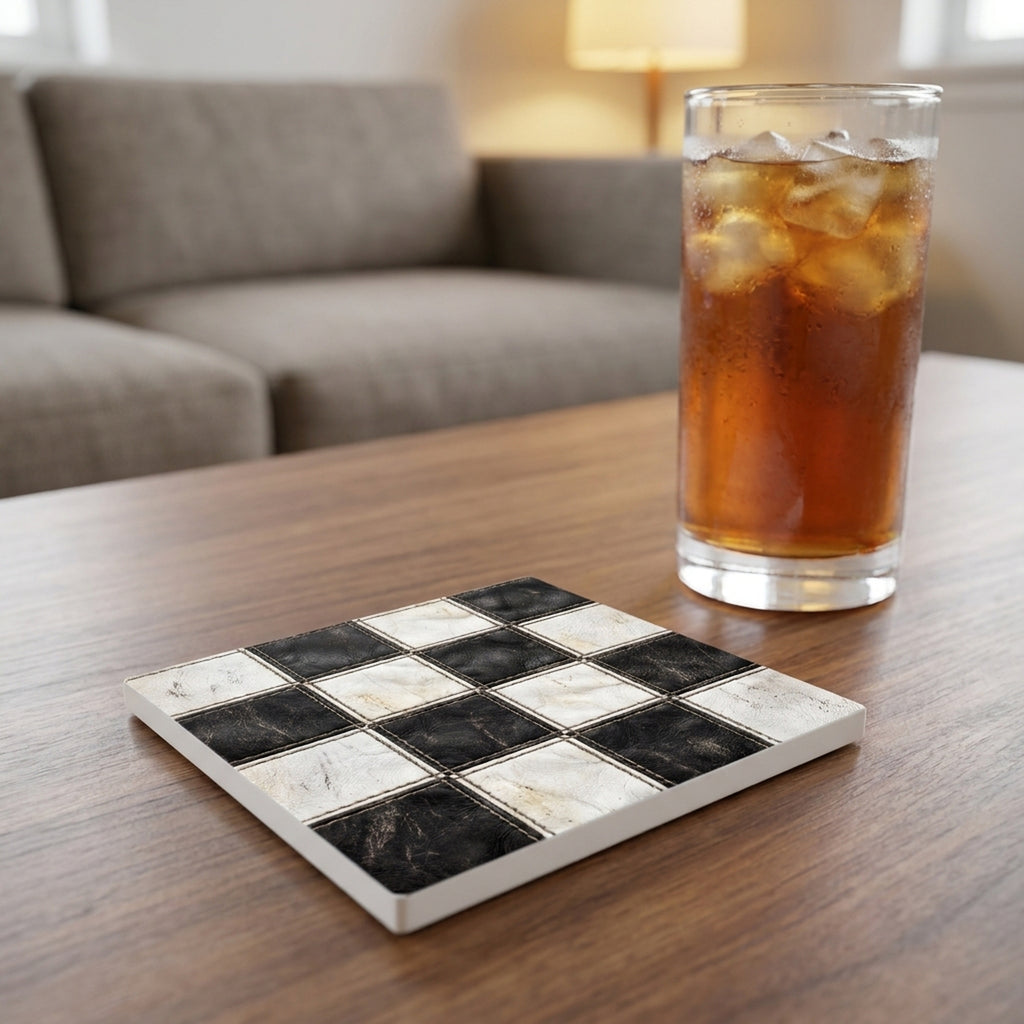 Checkered Racing Flag ceramic coasters set of 4, lifestyle