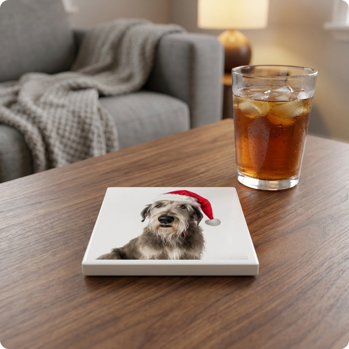 Irish Wolfhound ceramic coasters set of 4, lifestyle