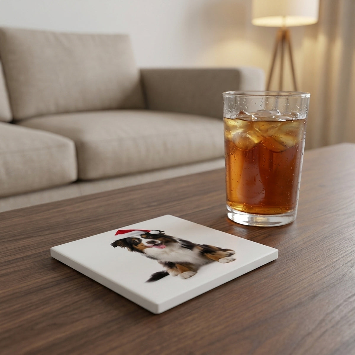Miniature American Shepherd ceramic coasters set of 4, lifestyle
