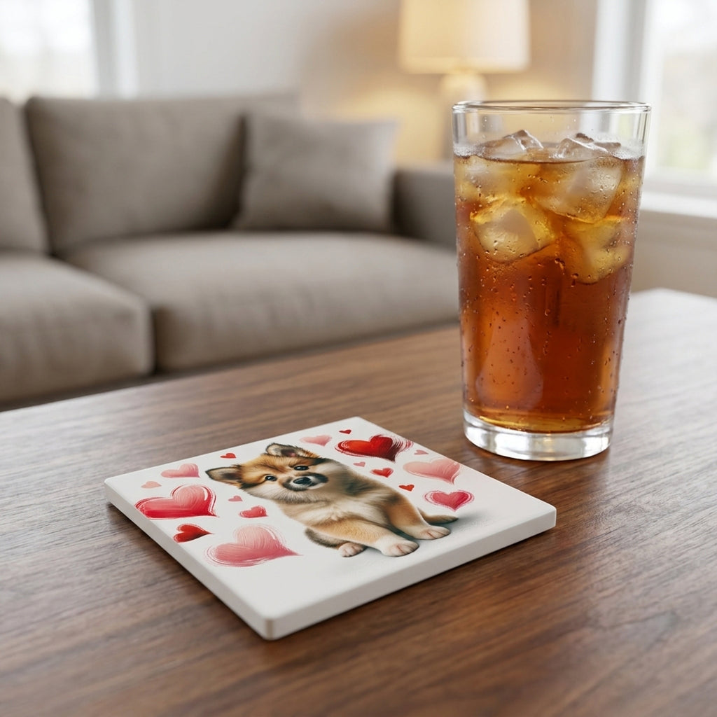 Icelandic Sheepdog ceramic coasters set of 4, lifestyle