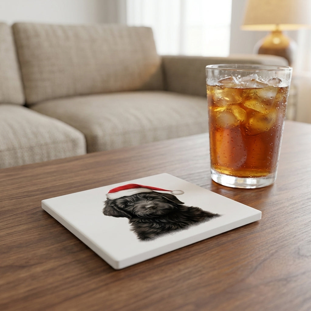 Black Russian Terrier Puppy Drawing ceramic coasters set of 4, lifestyle