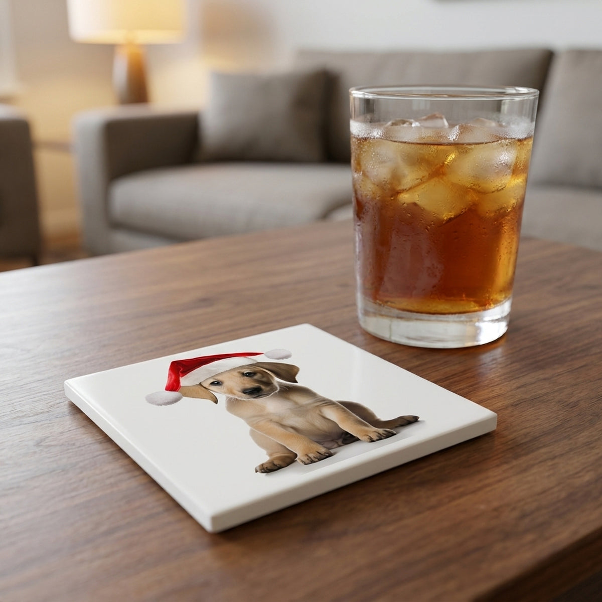 Sloughi Puppy ceramic coasters set of 4, lifestyle