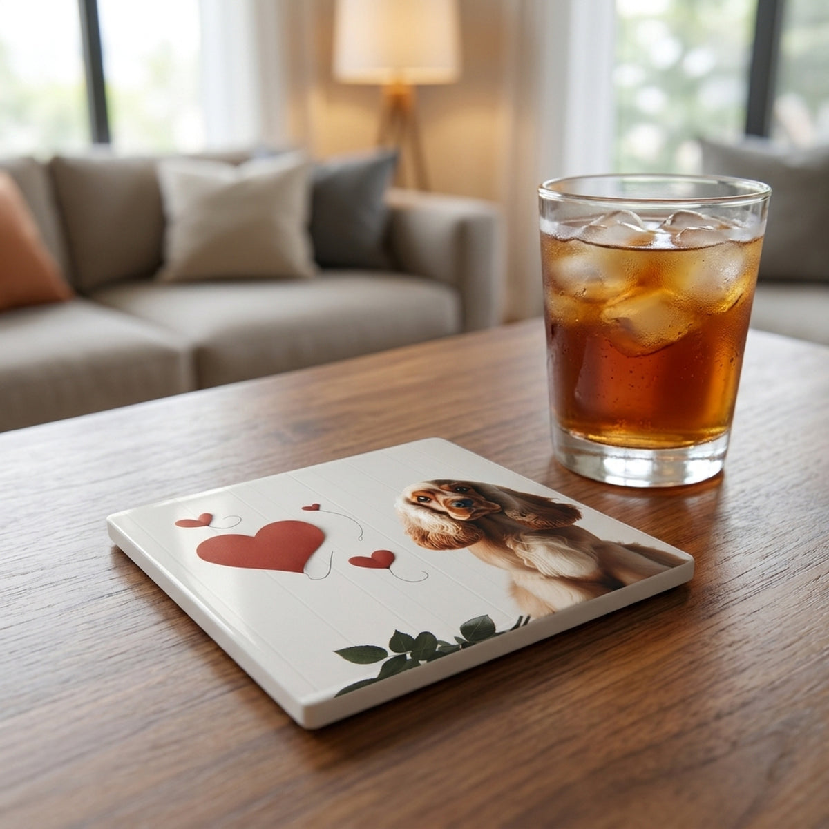 English Cocker Spaniel ceramic coasters set of 4, lifestyle