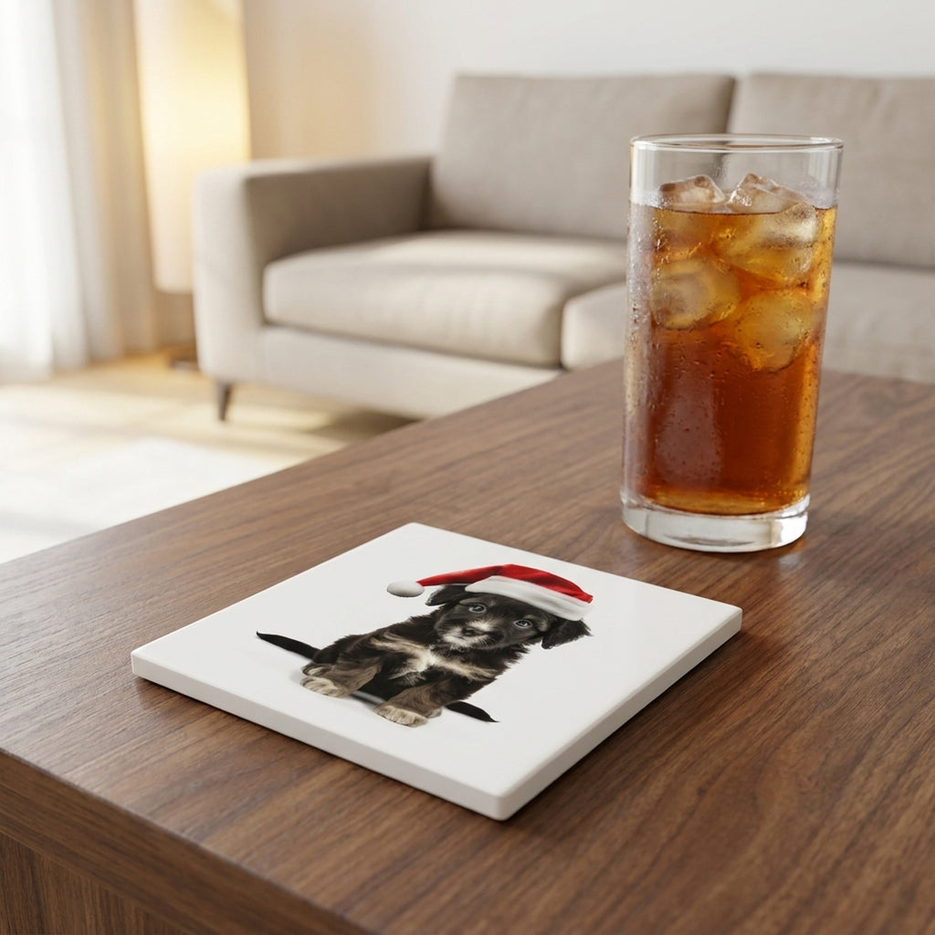 Mudi Puppy ceramic coasters set of 4, lifestyle