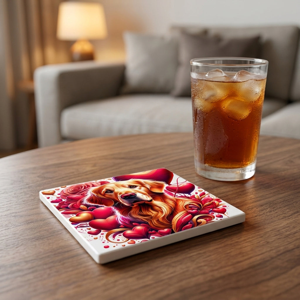 Golden Retriever ceramic coasters set of 4, lifestyle