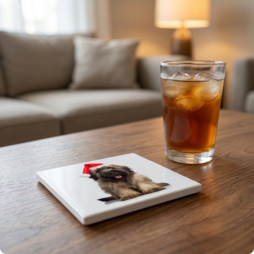 Briard Puppy ceramic coasters set of 4, lifestyle