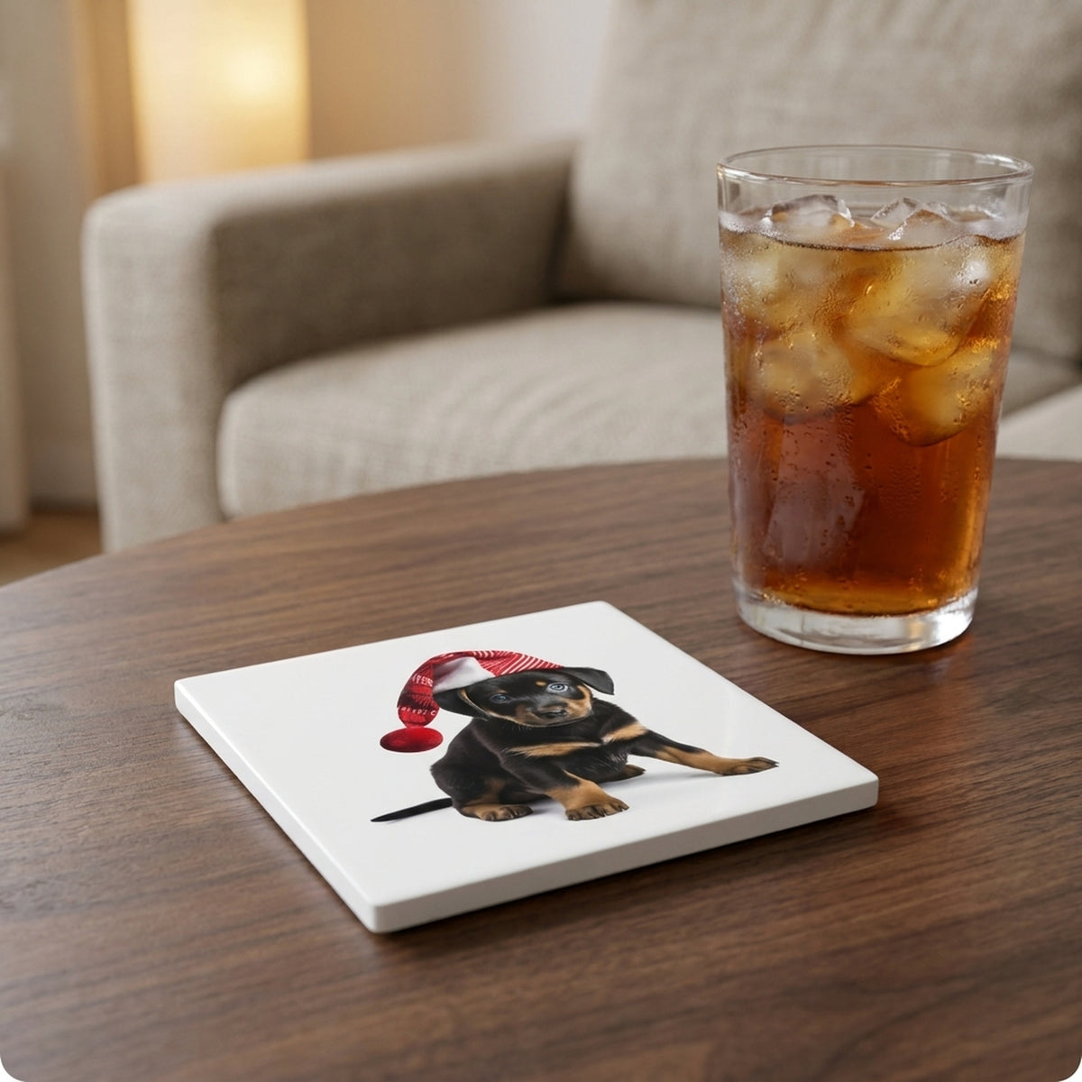 Beauceron Puppy ceramic coasters set of 4, lifestyle