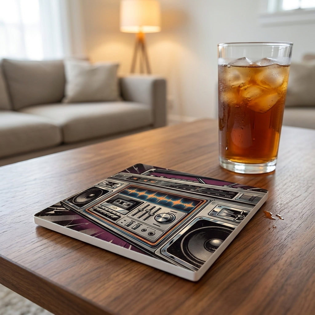 Boombox ceramic coasters set of 4, lifestyle