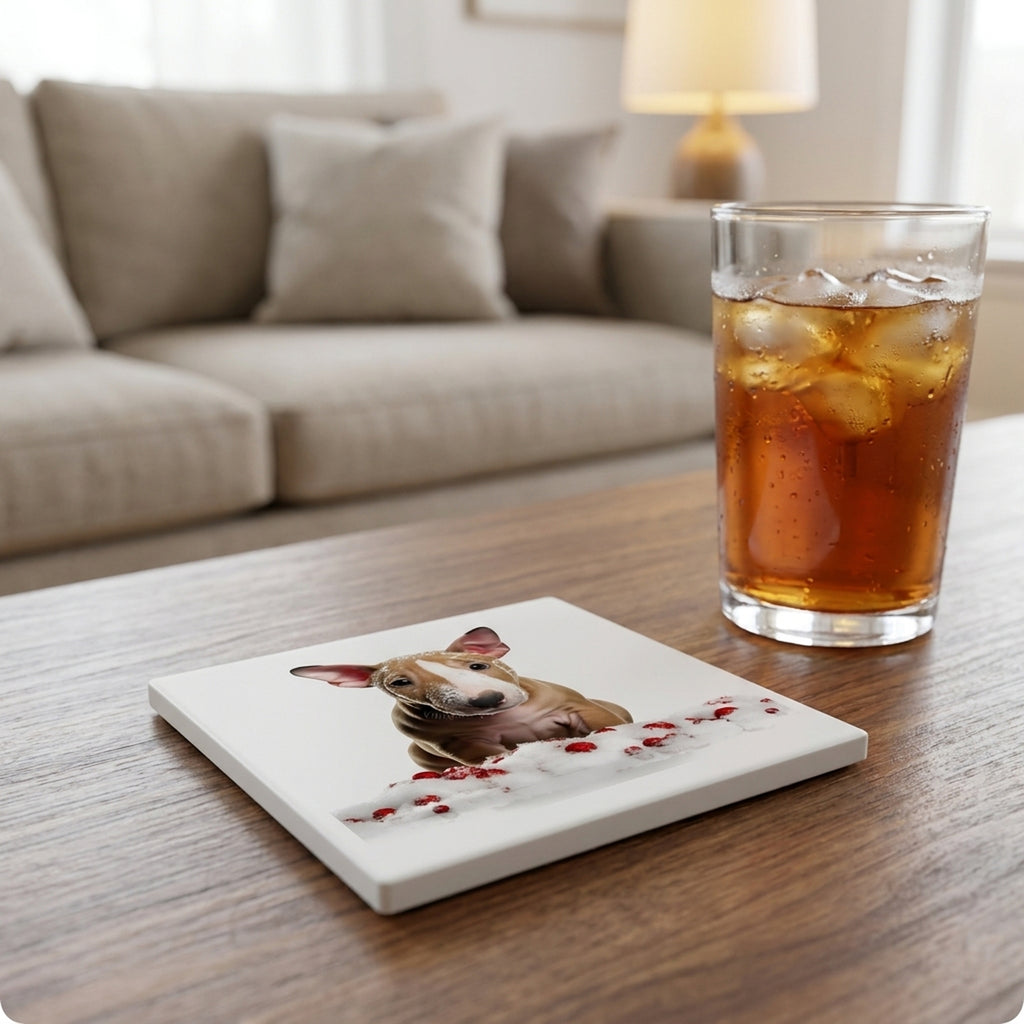 Bull Terrier Puppy ceramic coasters set of 4, lifestyle