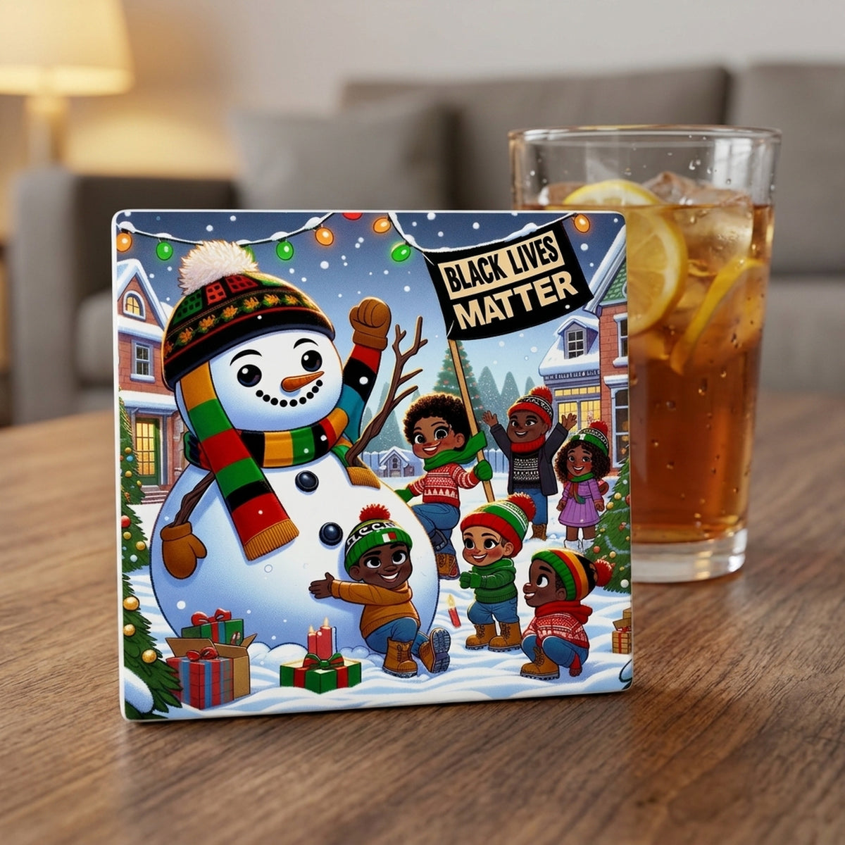 Festive Snowman Friends ceramic coasters set of 4, lifestyle