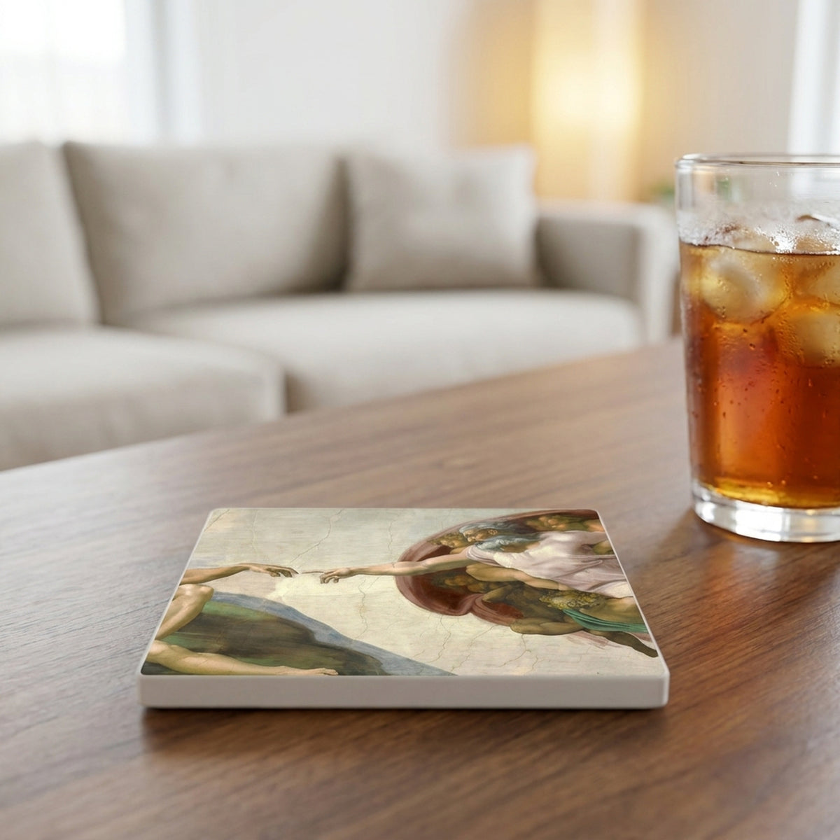 Creation Of Adam ceramic coasters set of 4, lifestyle