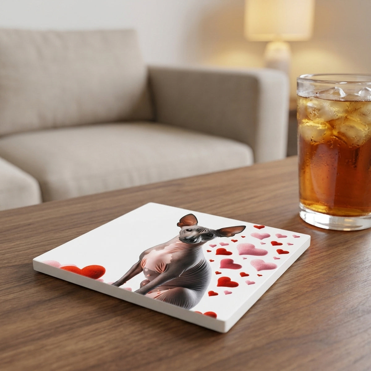 Xoloitzcuintli ceramic coasters set of 4, lifestyle