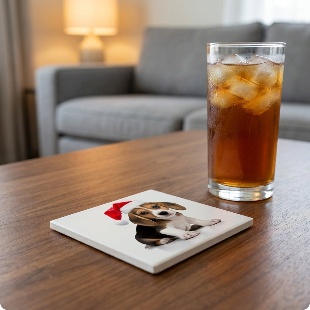 Beagle Puppy ceramic coasters set of 4, lifestyle