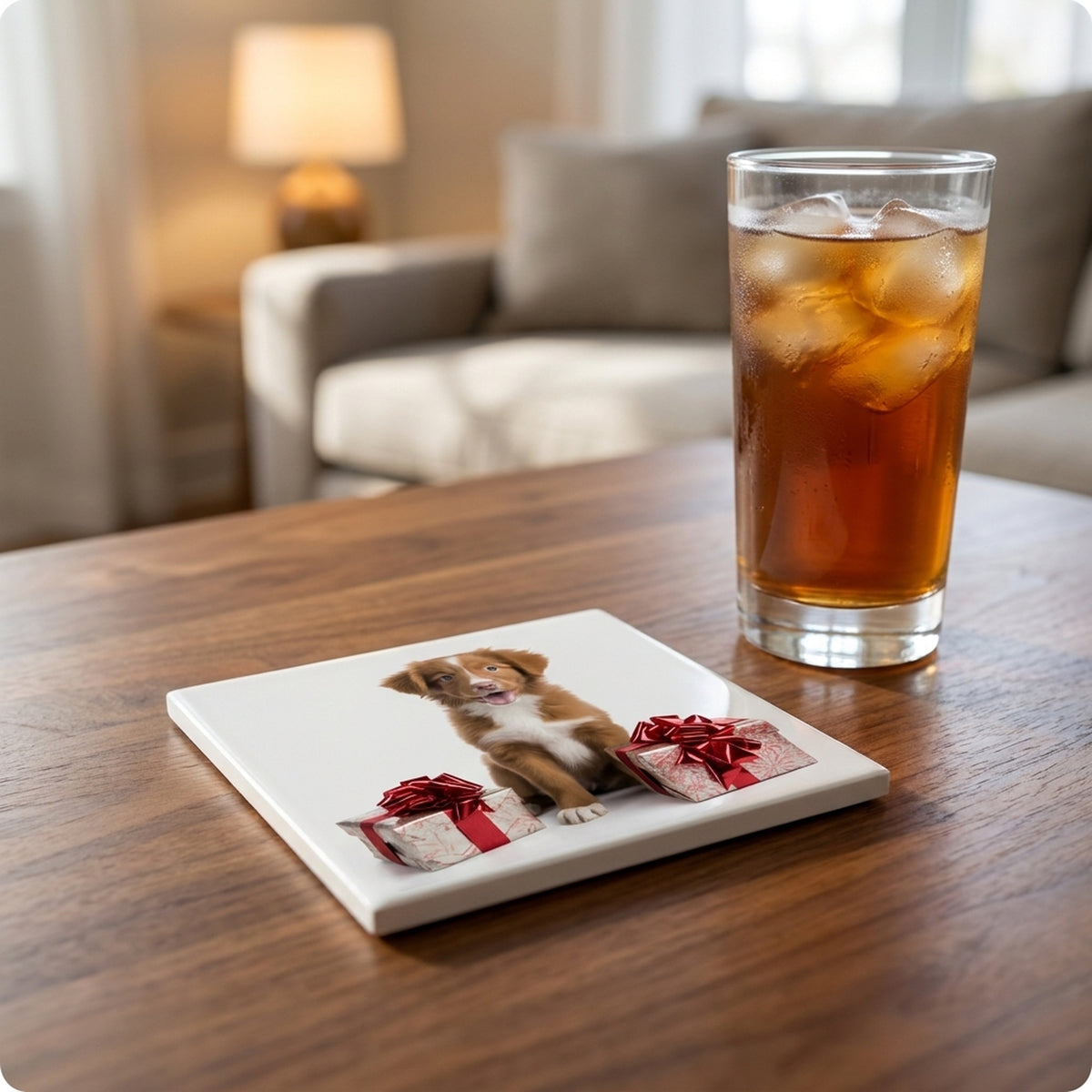 Nova Scotia Duck Tolling Retriever Puppy ceramic coasters set of 4, lifestyle