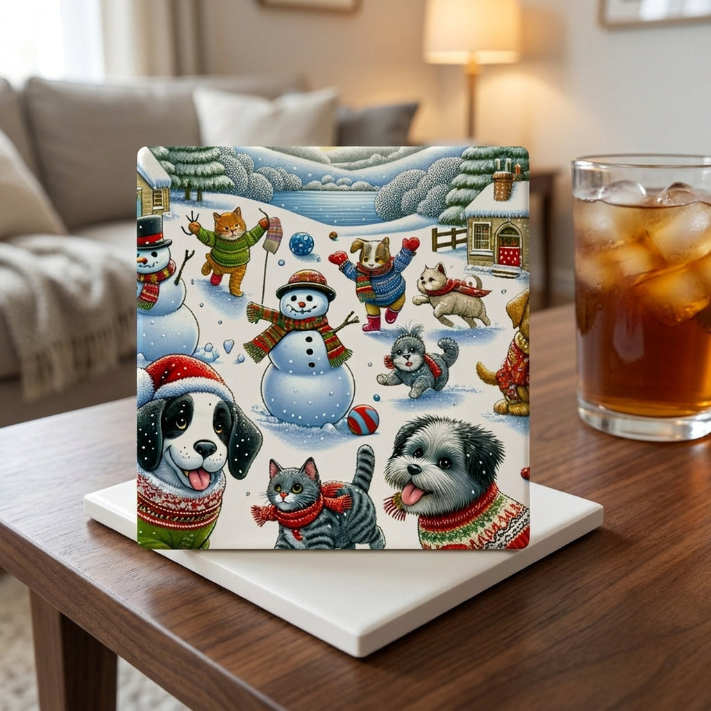 Cozy Christmas Pets ceramic coasters set of 4, lifestyle