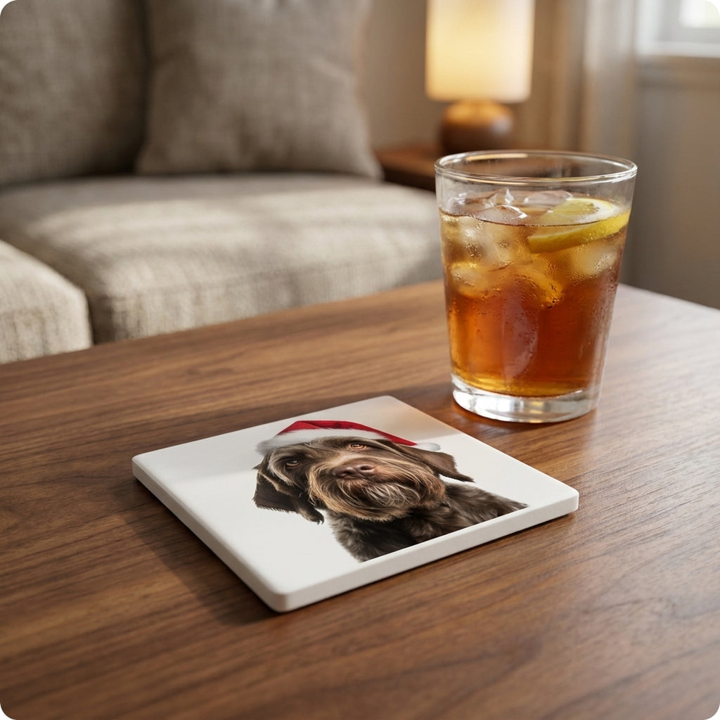 Wirehaired Pointing Griffon ceramic coasters set of 4, lifestyle