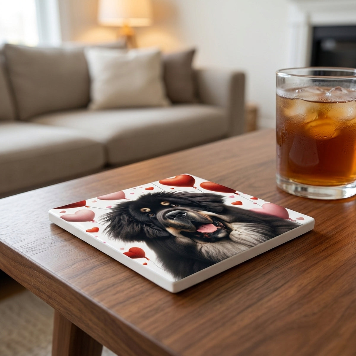 Tibetan Mastiff ceramic coasters set of 4, lifestyle
